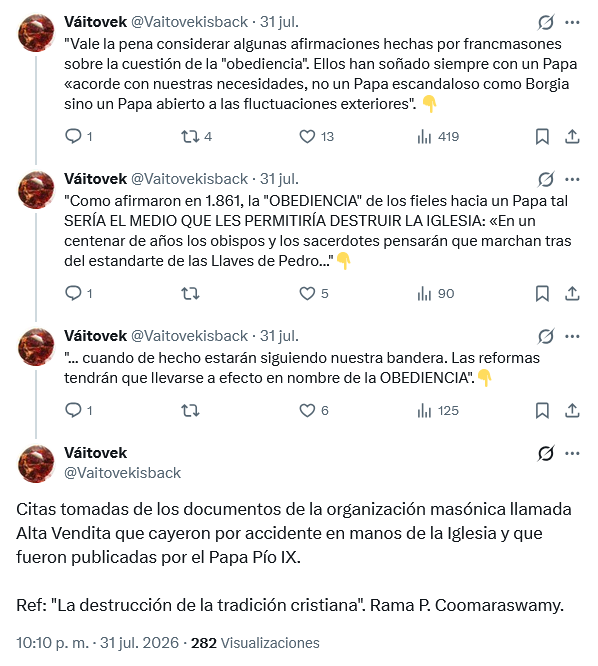 Jueves2014's tweet photo. @ankamoso @IAlballay @alex371525200 @Guillo_SPQR @moreabrazo @FSSPXES @PadreBaudilioM Usted está defendiendo la obediencia masónica, no la católica.

Le recomiendo el libro que cita @Vaitovekisback. https://t.co/ZpmNEZgGzO