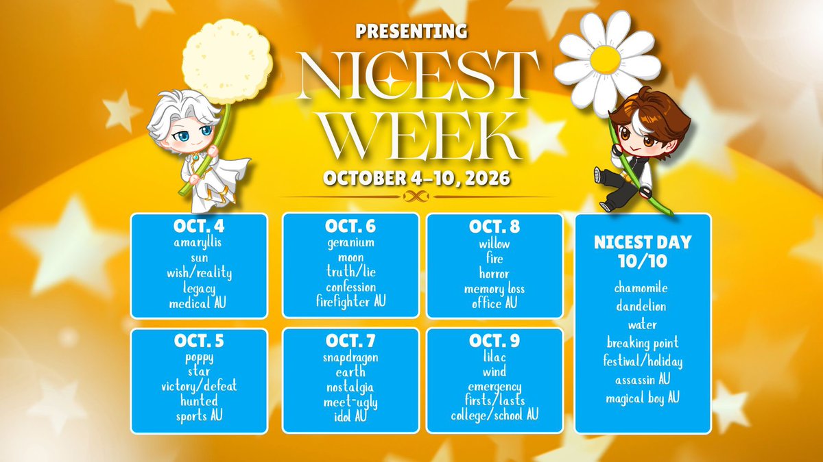 nicestfanevents's tweet photo. #NicestWeek2026 has dates and prompts confirmed! We want to give everyone ample time to prepare, or even just to decide if theyβd like to participate. Join us in October, especially for the brand new Nicest Day: 10/10!
#nicest #niceling https://t.co/C21q4vZqi2