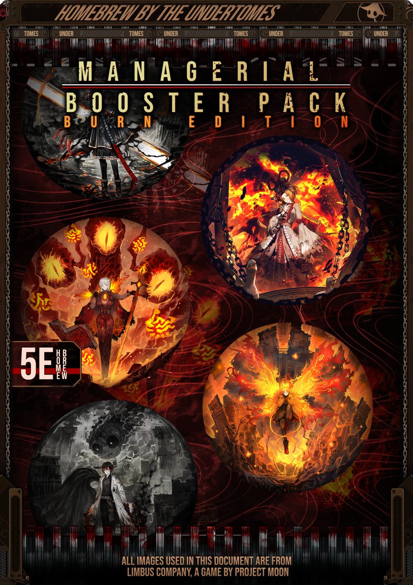 undertomesThe's tweet photo. Our newest BURN compendium is out! Check it out for a supplement on BURN content for your games!

#5e #DnD #LCB #LimbusCompany

[1/2] https://t.co/zamR35jUdD