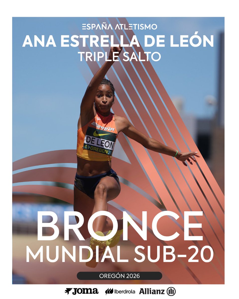 atletismoRFEA's tweet photo. NUESTRA SUPERESTRELLA 🌟

Ana Estrella de León es tercera🥉del mundo Sub-20

📏13.58m

Poker de medallas para el triple de #EspañaAtletismo 
🥇 @apeleteirob Barcelona 2012
🥈 @tsybsl Nairobi 2021
🥉 @ana_estrella._  Oregón 2026

#EspañaAtletismo #PasiónPorCompetir

📊 https://t.co/YkvsSVE0WY
📺 @eurovisionsport
📸  https://t.co/vSenISp6Qt