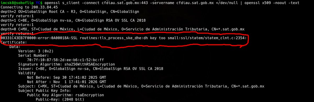 imcsk8's tweet photo. Revisando la autenticación por e.firma del SAT me topé con esta joyita:
11 mil millones de pesos y no tenemos algo tan básico como un cifrado ya no digamos seguro, estándard.
@PPmerino @Claudiashein @SATMX #FOSS https://t.co/tx8COvJRaj