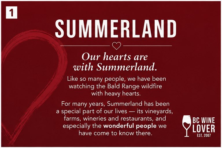 BCWineLover's tweet photo. Our hearts are with Summerland.

To our friends, the families and businesses affected by the Bald Range wildfire, and everyone working to protect this special community — we are thinking of you and sending our love. ❤️

Mike &amp; Stacey
BC Wine Lover

#SummerlandFire #BCWine https://t.co/LTopsBoUBF