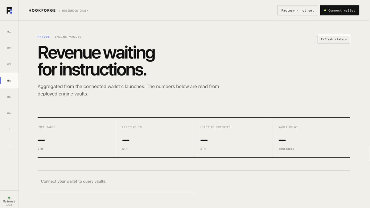 HookFrg's tweet photo. Engine Vaults are live.

HookForge now aggregates revenue directly from the vaults attached to your launches.

Track, from one place:

Executable ETH
Lifetime revenue in
Lifetime executed
Total vaults

Connect your wallet → query your launches → inspect the revenue waiting for instructions → execute the associated Engine on-chain.

No demo data.
No manual accounting.

Just wallet-native protocol state.

https://t.co/mqj3RUeAEb

CA: 0x1cc028b80a4fa4ac969478087b861abe38e66e98