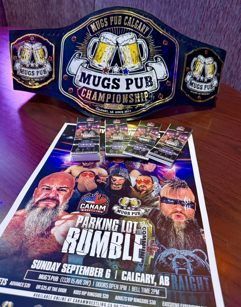MugsPubCalgary's tweet photo. Sunday September 6th! CanAm Wrestling is back at Mugs for The Parking lot Rumble! Come see all the superstars of CanAm wrestling! And Brett!  compete to crown the first ever Mugs Pub Champion! 

Tickets are on sale now! Either through CanAm or here at Mugs! https://t.co/hEEi1MjuGr