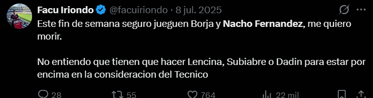 MatiiMansilla's tweet photo. @facuiriondo Por suerte no lo sos. Te cansaste de faltarle el respeto a Nacho -hoy en día el mejor jugador del torneo- pidiendo a Dadín -suplente en Aldosivi- o a Lencina -en el Burgos!!!-. De espalda ven fulbo los nenazos. https://t.co/nMAuXwhwlB