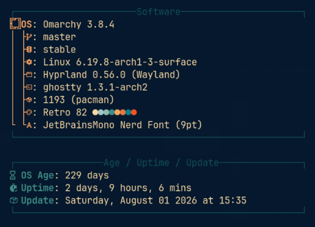 geovlx's tweet photo. @dhh 229 days running Omarchy on primary machine, can never go back. Happy to see Herdr as native option. https://t.co/V4eYyRbR6L