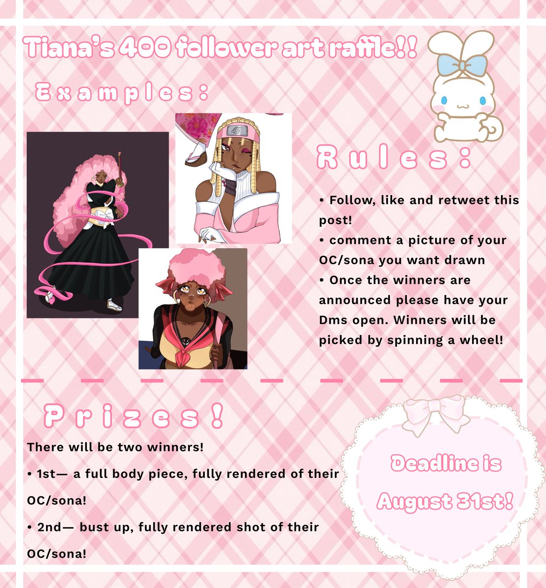 uniquxxoxo's tweet photo. 🌸 400 FOLLOWERS ART RAFFLE 🌸
 
Here there will only be two winners!! 
(Look below for the prizes)

How to enter:
✧ Follow + like + rt this post
✧ Comment your OC/sona

📆The Deadline is August 31st! More than enough time to get in if you want to! Good luck everyone!! https://t.co/2mrKuPA9RV