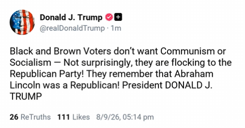 mmpadellan's tweet photo. Donald trump thinks he knows what "Black and Brown voters" want and don't want. If he really knew, he'd understand that we DON'T want:

- Our President constantly referring to us as "low IQ"

- Our majority Black districts cut up, disenfranchised, and eliminated by Republican gerrymandering

- Our votes diluted by Voter Suppression laws that force us to acquire expensive passports and birth certificates in order to vote, instead of using ID we already have. Those laws disproportionately affect Black and Brown communities

- The HUGE spikes in Black and Brown unemployment under trump, 6% range to peaks of 7.3–8.2% in late 2025/early 2026

- Our military leaders white washed out of the official records as Pete Kegsbreath has been doing, and overlooked for promotions they have earned

- Law-abiding citizens in our communities unfairly targeted and abused by masked and poorly-trained ICE thugs trying to meet a quota -- instead of going after the violent criminals they're supposed to target

- Cuts to SNAP and Medicaid so that billionaires can buy a third luxury yacht

Nah, Stinky, you have NO CLUE what Black and Brown voters want. We definitely don't want your asshole followers to keep threatening to call ICE on us when they get pissed off.