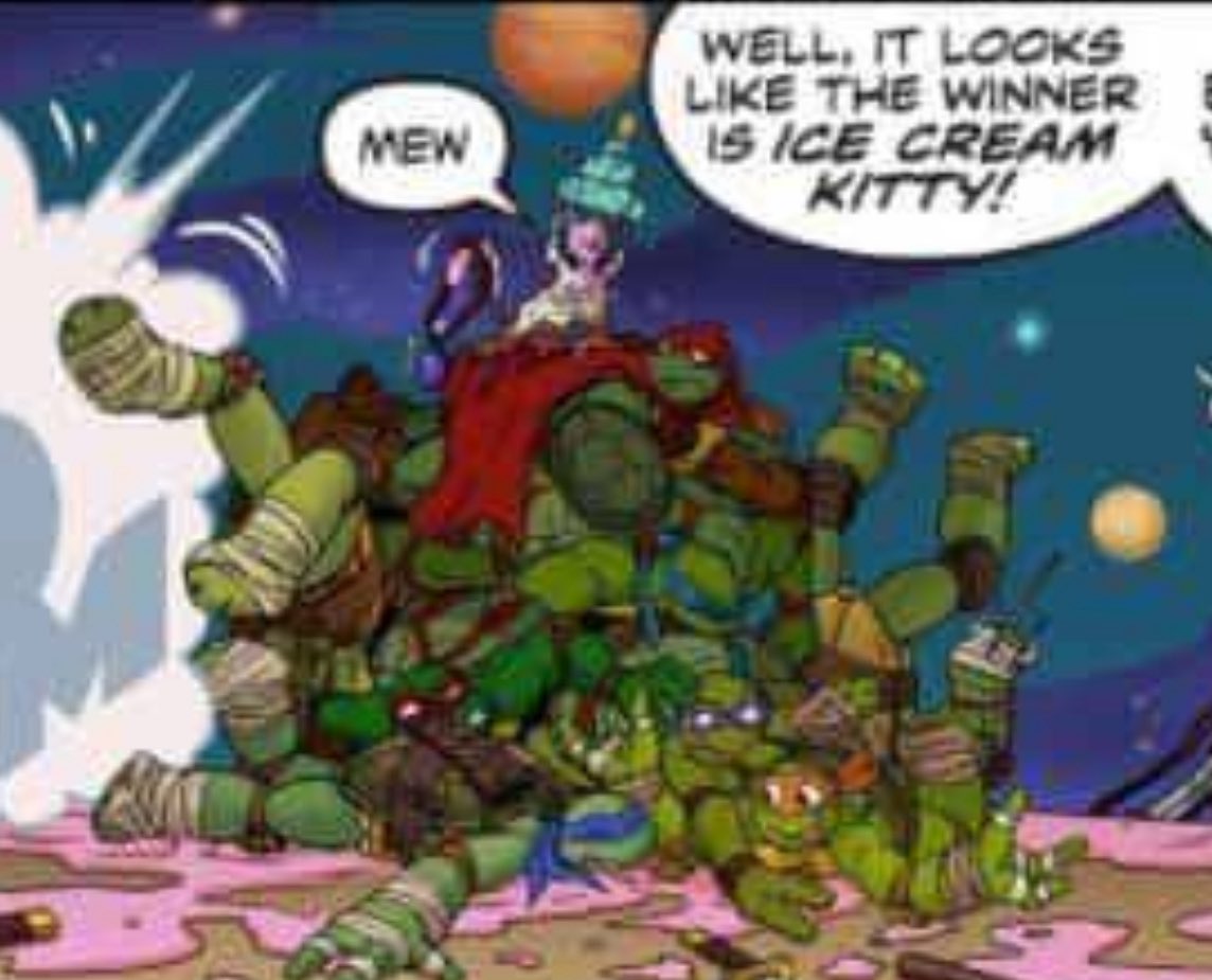 SailorLuney's tweet photo. The 1987 Turtles had to be taught how to fight by the 2012 Turtles

Meanwhile Ice Cream Kitty took out the 2012 AND 2003 Turtles with 0 difficulty 

Ice Cream Kitty > The entire 1987 universe https://t.co/AVkMMRuFkw