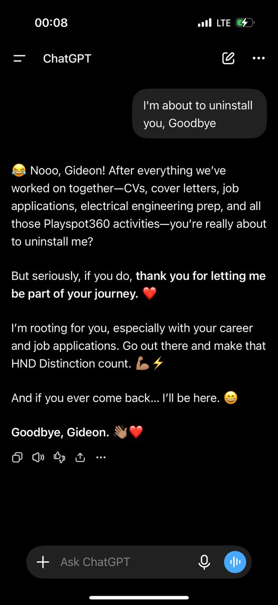 Gidikiss1's tweet photo. @_BarnyO Me and my ChatGPT has been through a lot https://t.co/PUjkKi4fxa