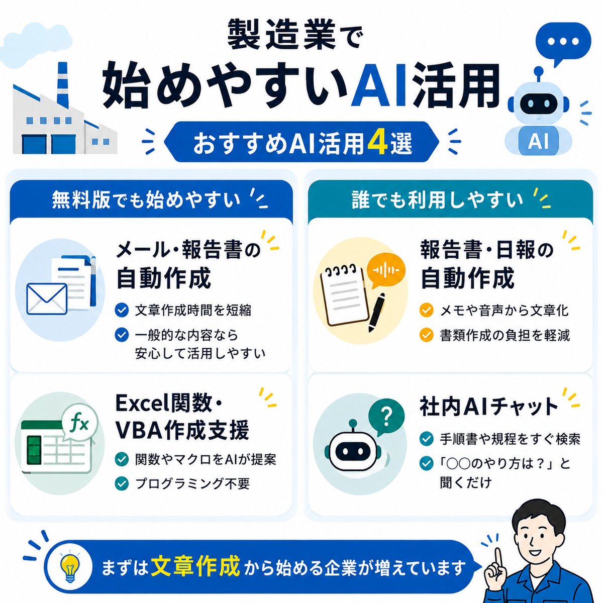 SaitoOptical's tweet photo. 斉藤光学製作所のネクスト🔍

AIツールがどんどん増えています。
特徴は？どう導入する？セキュリティは大丈夫？
中小企業にとってのAI導入の最初の壁は「何から手をつければいいか分からない」ことだと感じています。
まずはAIを使って「AIを���に活かせるか」整理して��たいと思います🤭 https://t.co/drl31E6eBI