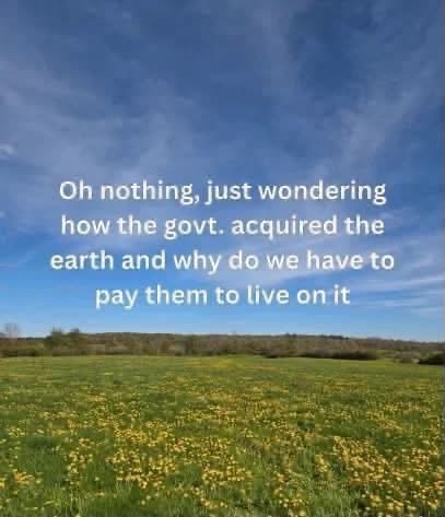 BabyD1111229's tweet photo. Oh nothing…

…just wondering how the govt. acquired the earth, and why do we have to pay them to live on it?!? 

Asking 😆 https://t.co/tmBFFYCZCm