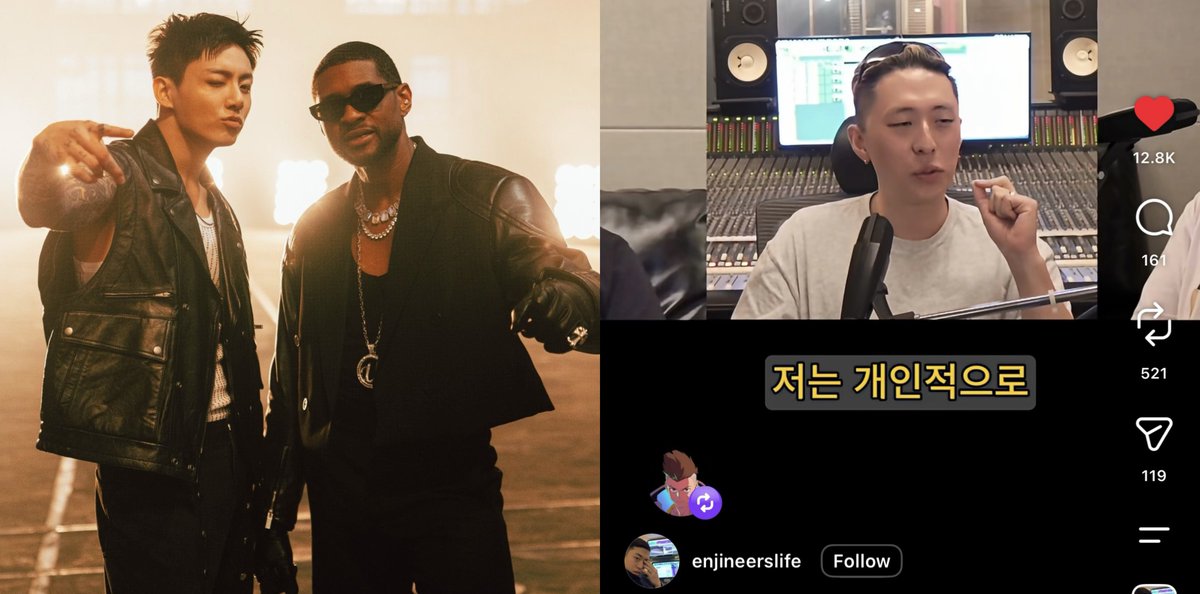 popgiantjk's tweet photo. Jungkook reposted a video from an MPlus Studio sound engineer who praised his “SNTY” remix with Usher. He called Usher a legend who was once seen as an artist who could follow Michael Jackson’s footsteps &amp; said Jungkook looked so incredibly cool that Usher didn’t overshadow him❤️‍🔥 https://t.co/oTg8D5mNFb