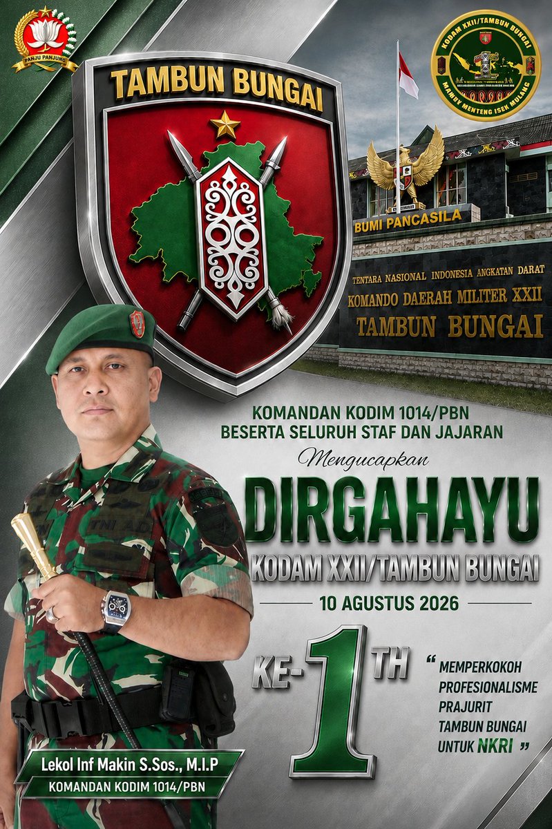 KodimPbn's tweet photo. Dirgajayu Kodam XXII/Tambun Bungai Ke-1
10 Agustus 2026.
"Memperkokoh Profesionalisme Prajurit Tambun Bungai Untuk NKRI" https://t.co/65yM6sH3y7