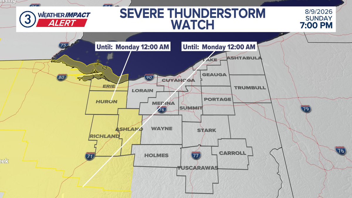 MarkJWeather's tweet photo. SEVERE WEATHER POSSIBLE SOON! A Severe Weather Watch has been issued for parts of our area. Now is the time to prepare. Share this post now to ALERT friends and family. Get the latest at https://t.co/eCvgODW3L0 or on the WKYC app. #ohwx https://t.co/K0RGMSshJv