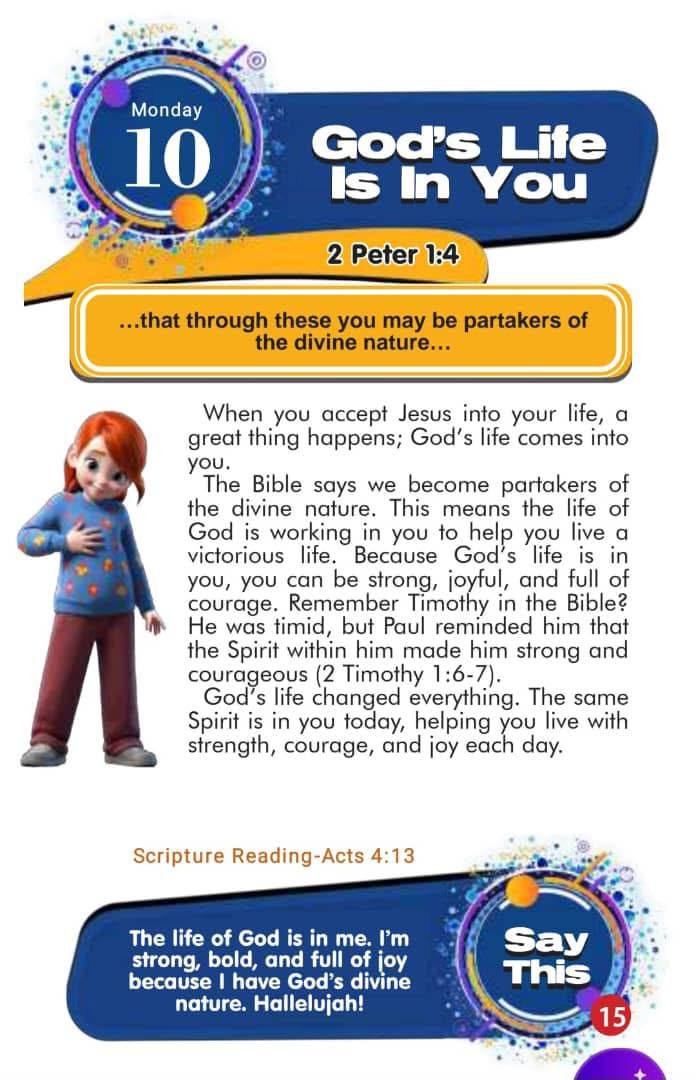 SaintSeyiB's tweet photo. God’s Life Is In You
 
📖2 Peter 1:4 
…that through these you may be partakers of the divine nature…

When you accept Jesus into your life, a great thing happens; God’s life comes into you.
 
The Bible says we become partakers of the divine nature. This means the life of God is working in you to help you live a victorious life. Because God’s life is in you, you can be strong, joyful, and full of courage. Remember Timothy in the Bible? 
 
He was timid, but Paul reminded him that  the Spirit within him made him strong and  courageous (2 Timothy 1:6-7).
 
God’s life changed everything. The same  Spirit is in you today, helping you live with strength, courage, and joy each day. 

📚Scripture Reading
Acts 4:13 (KJV)
“Now when they saw the boldness of Peter and John, and perceived that they were unlearned and ignorant men, they marvelled; and they took knowledge of them, that they had been with Jesus.”

Say This
The life of God is in me. I’m strong, bold, and full of joy because I have God’s divine nature. Hallelujah!

#RORER 
#RhapsodyAugust10