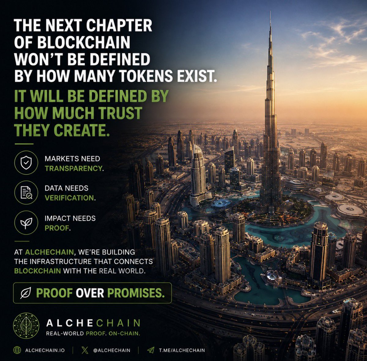 alchechain's tweet photo. The next chapter of blockchain won’t be defined by how many tokens exist.

It will be defined by how much trust they create.

Markets need transparency.

Data needs verification.

Impact needs proof.

At AlcheChain, we’re building the infrastructure that connects blockchain with the real world.

Proof Over Promises.

🌱 #Blockchain #Web3 #RWA #Crypto