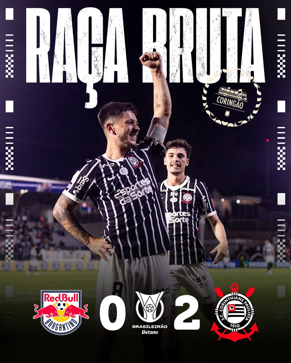 Corinthians's tweet photo. FIIIIM DE JOGO EM BRAGANÇA PAULISTA! VITÓRIA DO CORINTHIANS NO BRASILEIRÃO! 🦅✊🏽

Fora de casa, o Timão venceu o Red Bull Bragantino e conquistou mais três pontos na competição! 🏴🏳️

Red Bull Bragantino 0 🆚 2 Corinthians

⚽ Rodrigo Garro
⚽ Pedro Raul

#VaiCorinthians https://t.co/rWntd0ya1I