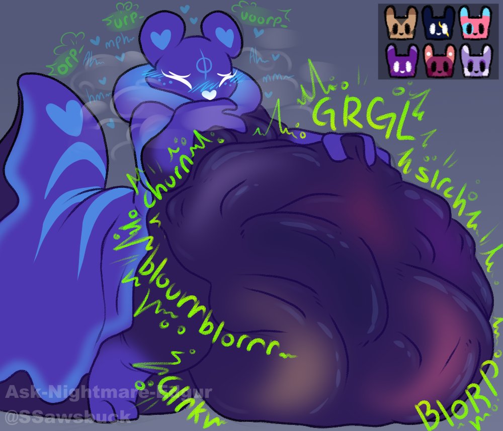 SSawsbuck's tweet photo. CW// Multi-Vore, Digestion, Burping, Weight gain

A late Vore Day doodle for this year. Teddy eating more of her friends every time and somewhat regretting it after. (dw they'll all come back next cycle~)

Scugs: @sylphsylvia1, burd-with-kinks.bsky, 2 Disc friends &amp; my 2 OCs https://t.co/yaa4h0nQFU