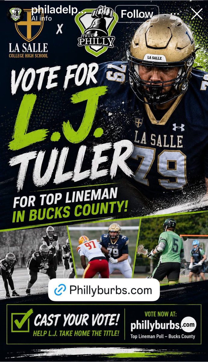 LJ_Tuller's tweet photo. Thanks @dmarkol for adding my teammates and myself in the BCCT Poll for Bucks County Top OL/DL!  Thanks Coach Burns &amp; True Philly Lax for the support and added graphic!  2026 Season, here we go!!!!!
 #PTB #HailLaSalle
  @LaSalleFball @LaSalle_Sports @BrettGordonLSHS https://t.co/IT0N84S642