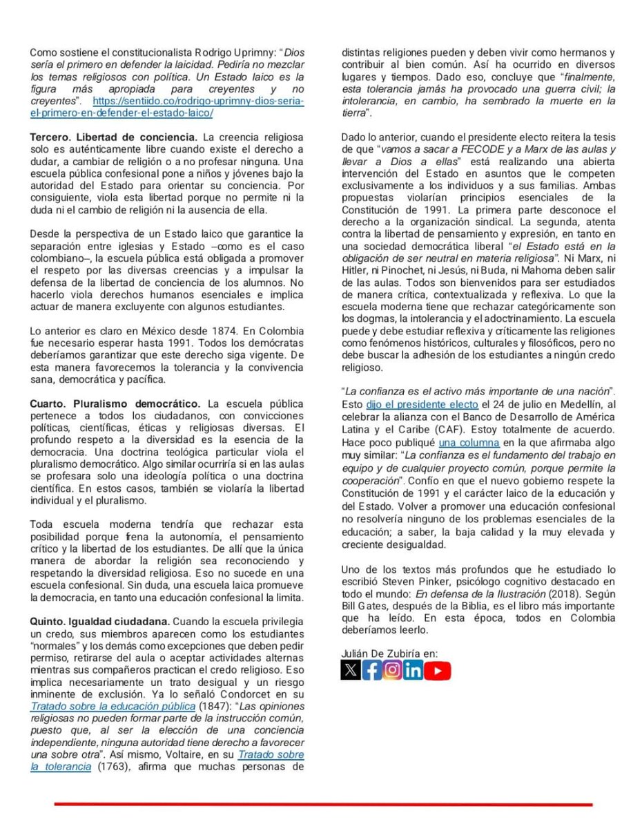 juliandezubiria's tweet photo. ¿Por qué la educación debe ser laica? Pregunta debatida ampliamente por los filósofos de la Ilustración hace más de 2 siglos en Europa y hace 35 años en el país cuando se definió la Constitución de 1991. La educación laica favorece la lectura, autonomía y el pensamiento crítico: https://t.co/FiPkHYi9Gk