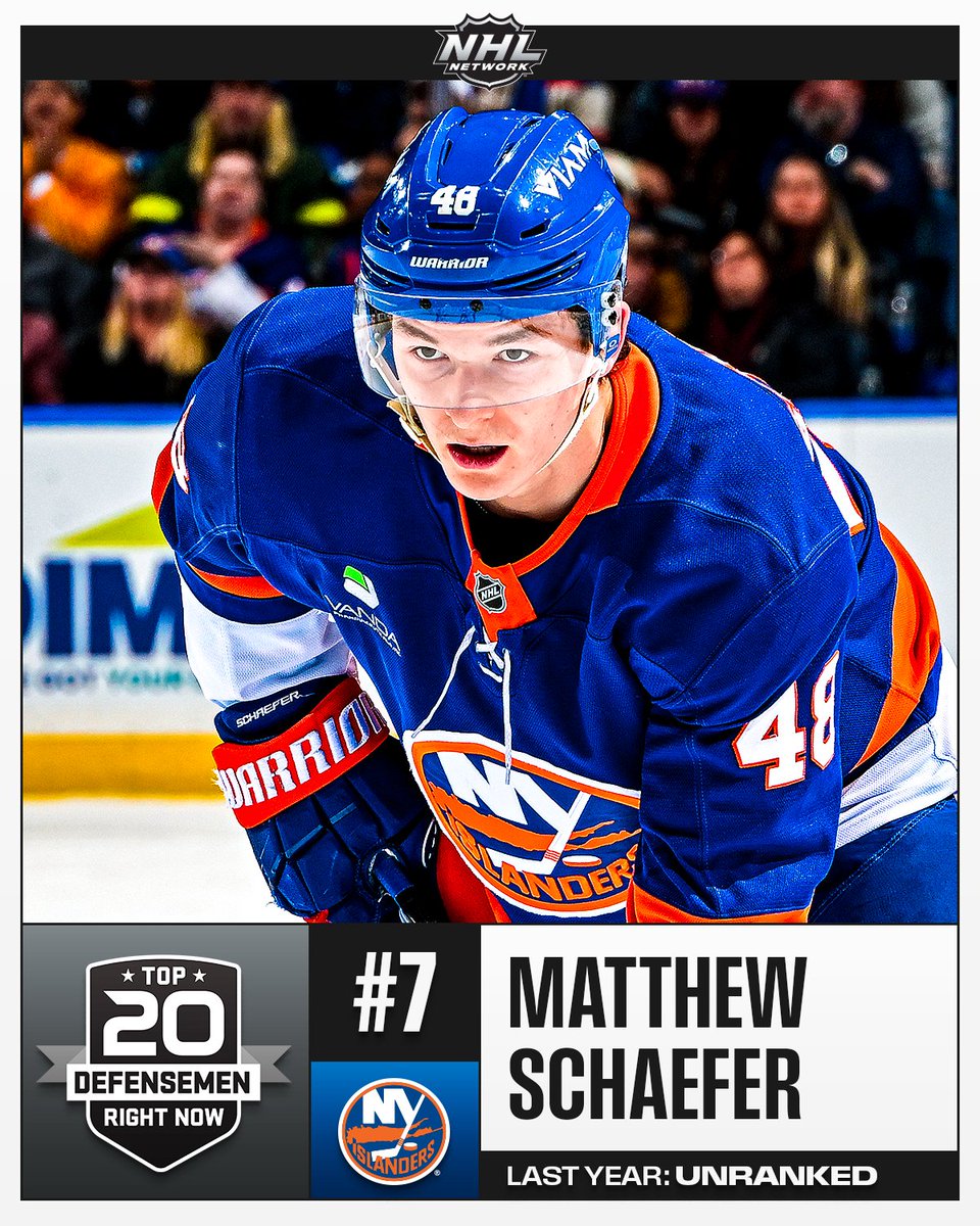 NHLMedia's tweet photo. Not bad, rookie!

The @NYIslanders rookie sensation Matthew Schaefer debuts at #️⃣7️⃣ on NHL Network's Top 20 Defensemen Right Now list!

📺: #NHLTopPlayers on NHL Network https://t.co/VEJN7FsXtp