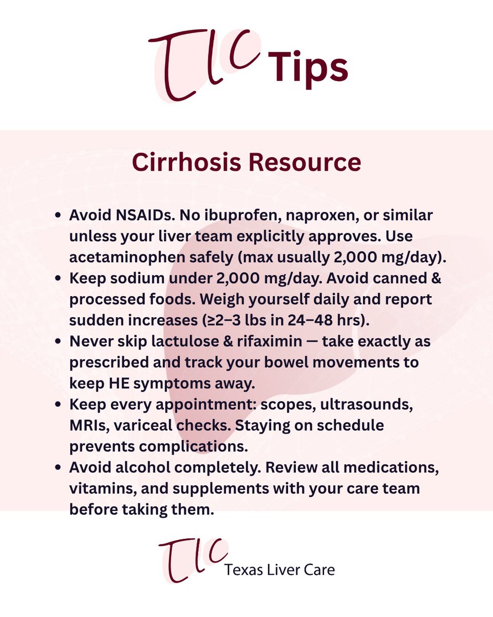 TexasLiverCare's tweet photo. Cirrhosis can be complex. The day-to-day basics don’t have to be.

This week’s #TLCTips highlights practical steps for living well with cirrhosis.

More resources: https://t.co/6WlQRYuIXE

#Cirrhosis #LiverHealth https://t.co/wwlHvRz2ph