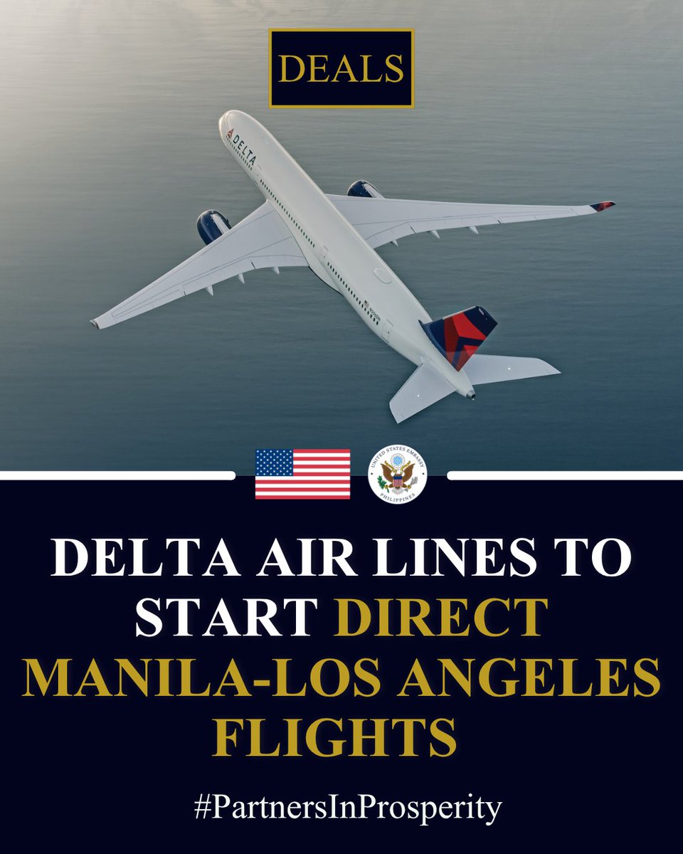 USAmbPH's tweet photo. I’m so excited that Delta Airlines is starting nonstop flights between Manila and Los Angeles soon! This is what STRONG partnerships deliver! #PartnersInProsperity https://t.co/197Va3ZbGT