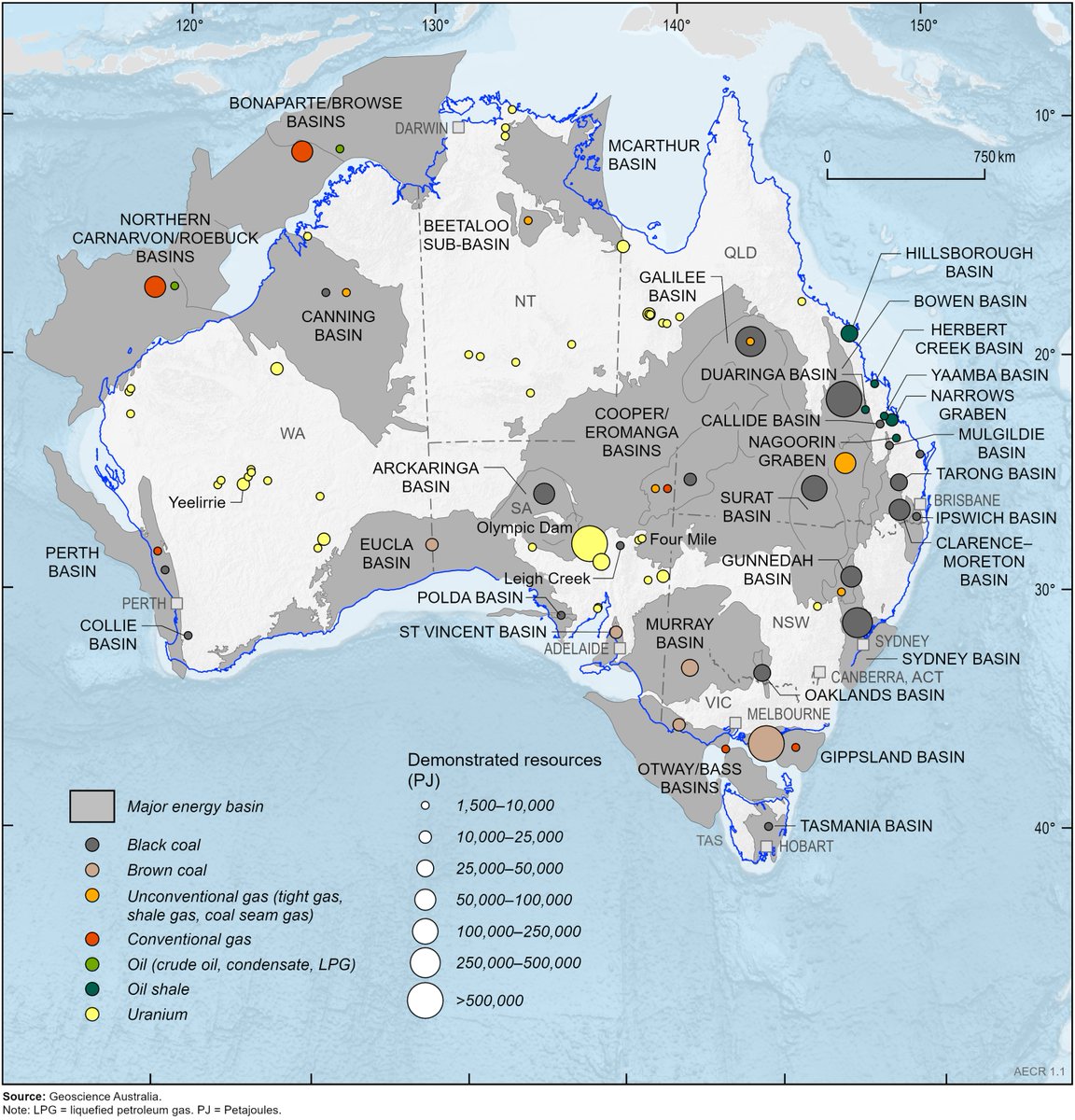 GeoscienceAus's tweet photo. #AECR2026 is now available. 
Explore the latest data on Australia’s energy commodity resources and selected emerging low-carbon technologies 👉 https://t.co/cvjqDLBnz0

🗺️ Australia’s major non-renewable energy commodity resources in 2024. https://t.co/MTXUcY2rAR