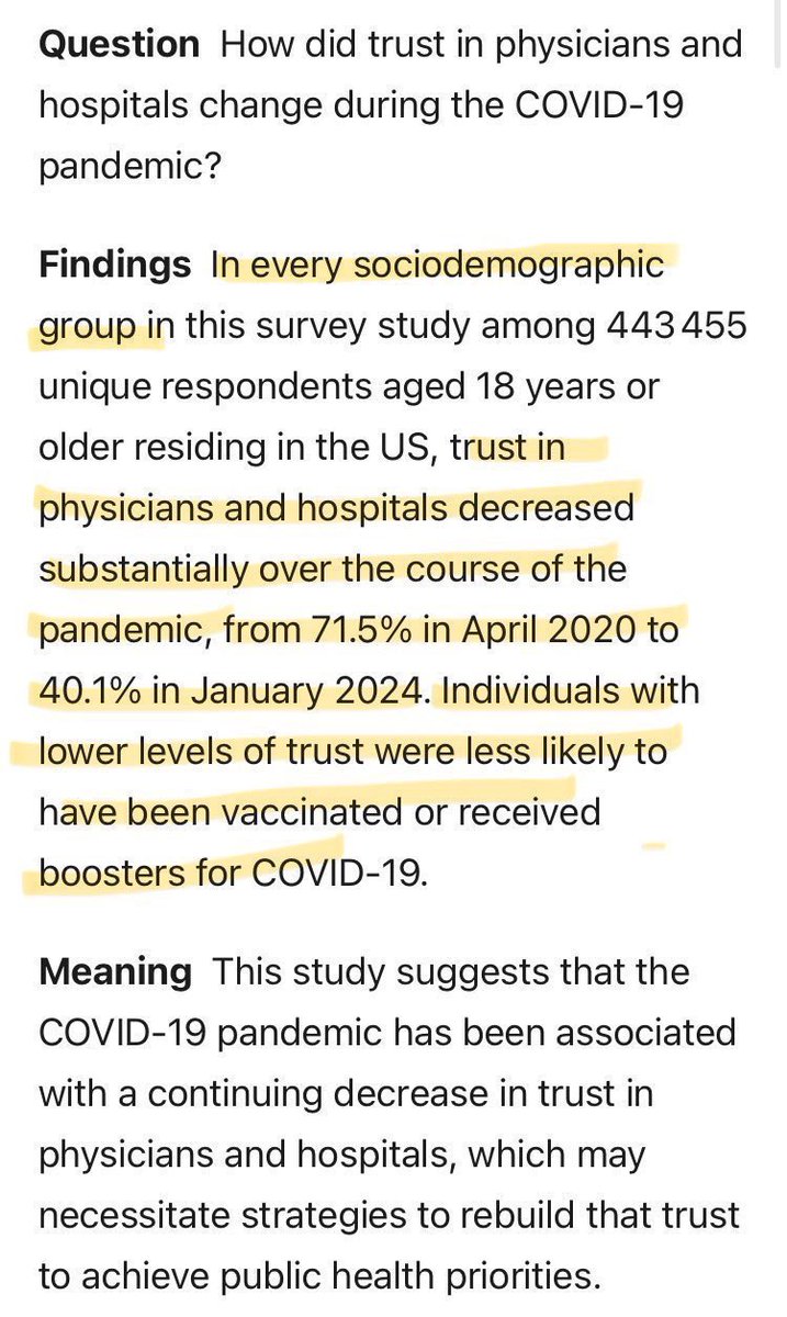APBIOonly's tweet photo. @bmj_latest The BMJ is acting as though this pandemic didn’t really happen

CDC: Excellent/Good rating 
      2024:  40%
      2021:   40%
      2019:   64%

Trust in physicians &amp; hospitals
— Jan    2024:  40% 
— April 2020:   71% https://t.co/DHvuPivn2j