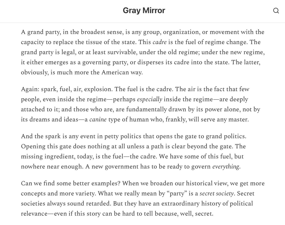 jimstewartson's tweet photo. I regret to inform you Peter Thiel’s Nazi blogger Curtis Yarvin has a new slab of insufferable dreck about how to overthrow the U.S. government. Apparently, Trump is just not monarch-y enough.

The plan: 
1. Make everything SUCK so bad we’re all nihilists begging for daddy.
2. Build a literal secret society—a “honeycomb” of sekrit elites in “the cadre” who create an alt-society ready to spring into power when the institutions all fall at once. This will be “anonymous” and super crypto and full of AI gadgets built by Urbit or whatever.
3. Create a “spark” that allows a single person, a dictator-monarch-CEO to turn “the cadre” honeycomb thing into the operational arms of his autocracy.
4. Destroy all the lib/woke stuff and make them all suffer for their woke crimes.
5. Rejoice in handing over all our freedoms to some guy—but definitely not Trump because he’s not hardcore enough.

This is basically the same idea as any number of accelerationist neo-Nazi terrorist cults.

@curtis_yarvin it took you ten months to come up with this shit?
This idea is two paragraphs, tops. I’m angry I had to read all this masturbatory midwittery before you remotely came to the point.