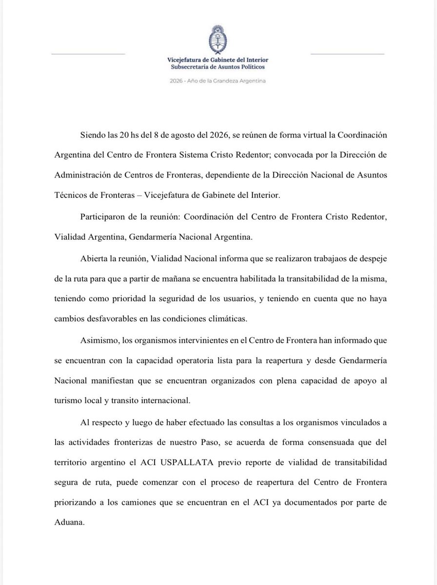 GallartD's tweet photo. @diariouno No hay condiciones extremas!!
Hay buen tiempo, ruta seca, mucha sanata y mucha ineficiencia de los 2 países 
Lo mismo de siempre.
Foto de hoy de @VALLEOVA  y acta de apertura Argentina https://t.co/OerwxmLuBL