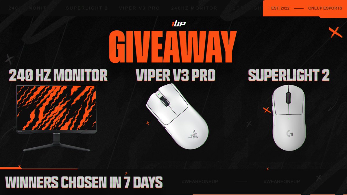 oneupesport's tweet photo. We're giving back to the community🎁

Three prizes. Three winners.
Now's your chance to win a 240Hz Monitor, Viper V3 Pro, or Superlight 2!🔥

To enter:
• Follow @OneUpEsport
• Like &amp; repost this post
• Comment which prize you want to win! https://t.co/VNyOa2MrEv