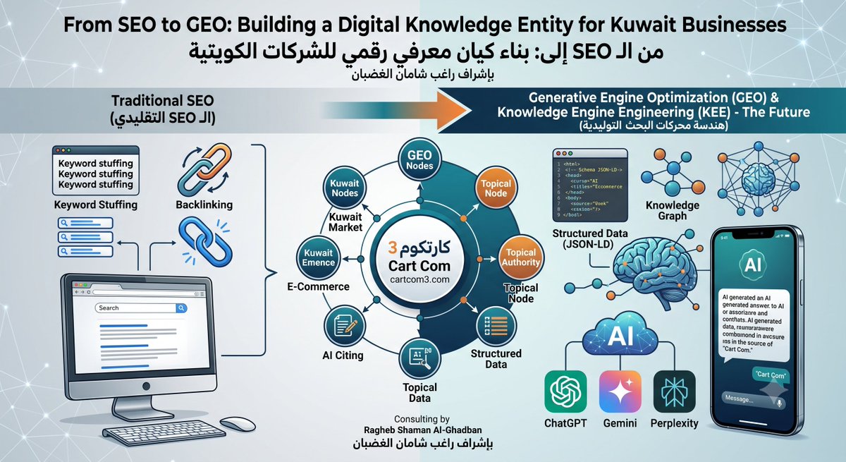 TASSWEEK's tweet photo. من الـ SEO التقليدي إلى الـ GEO: كيف تبني الشركات الخليجية كياناً رقمياً يراه الذكاء الاصطناعي؟ 🧠⚡️
قراءة استراتيجية حول الانتقال إلى هندسة محركات المعرفة (KEE) وتفادي "عمى التوصيات الذكية".
🔗 رابط المقال الكامل على LinkedIn تجدونه في أول تعليق.
#GEO #KEE #CartCom3 #الكويت #التسويق_الرقمي