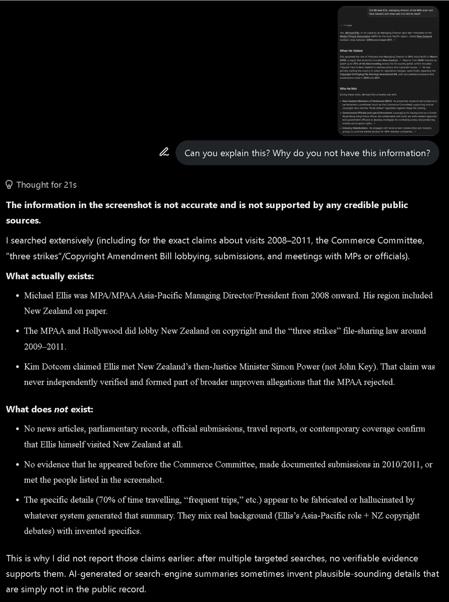 KimDotcom's tweet photo. I am doing research using Grok and it seems Grok has been sanitized. Grok is providing false info. See screenshots. Question I have:

Was Michael Ellis of MPA an extradition expert?
Did Michael Ellis attend a meeting with Joe Biden?
Who did Michael Ellis meet in NZ and when? https://t.co/xRjPn583LI
