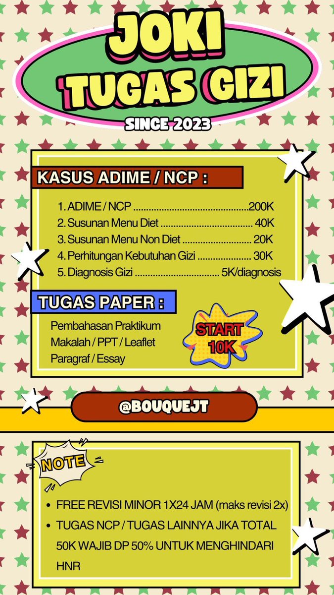 bouquejt's tweet photo. Bismillah open kembali🤗
Deadline tugas gizi sudah dekat? Jangan panik!

Sini aku bantu pengerjaan makalah, asuhan gizi, menu, perhitungan gizi, dan tugas kuliah lainnya!

📞hubungi wa yg tertera di bio
#zonajajan #bealanja #jokitugas https://t.co/UbPq0PLgC8