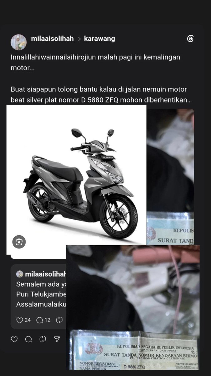 ayymisol's tweet photo. Tolong yang domisili di karawang, bantu berhentiin kalau nemu motor ini😭

Innalillahiwainnailaihirojiun ya Allah mugia mun masih aya keneh milik abdi, cing kapendak deui eta motor teh. Tapi mun sanes, cing kagentosan ku nu langkung🤲 https://t.co/srzgZE1uuH