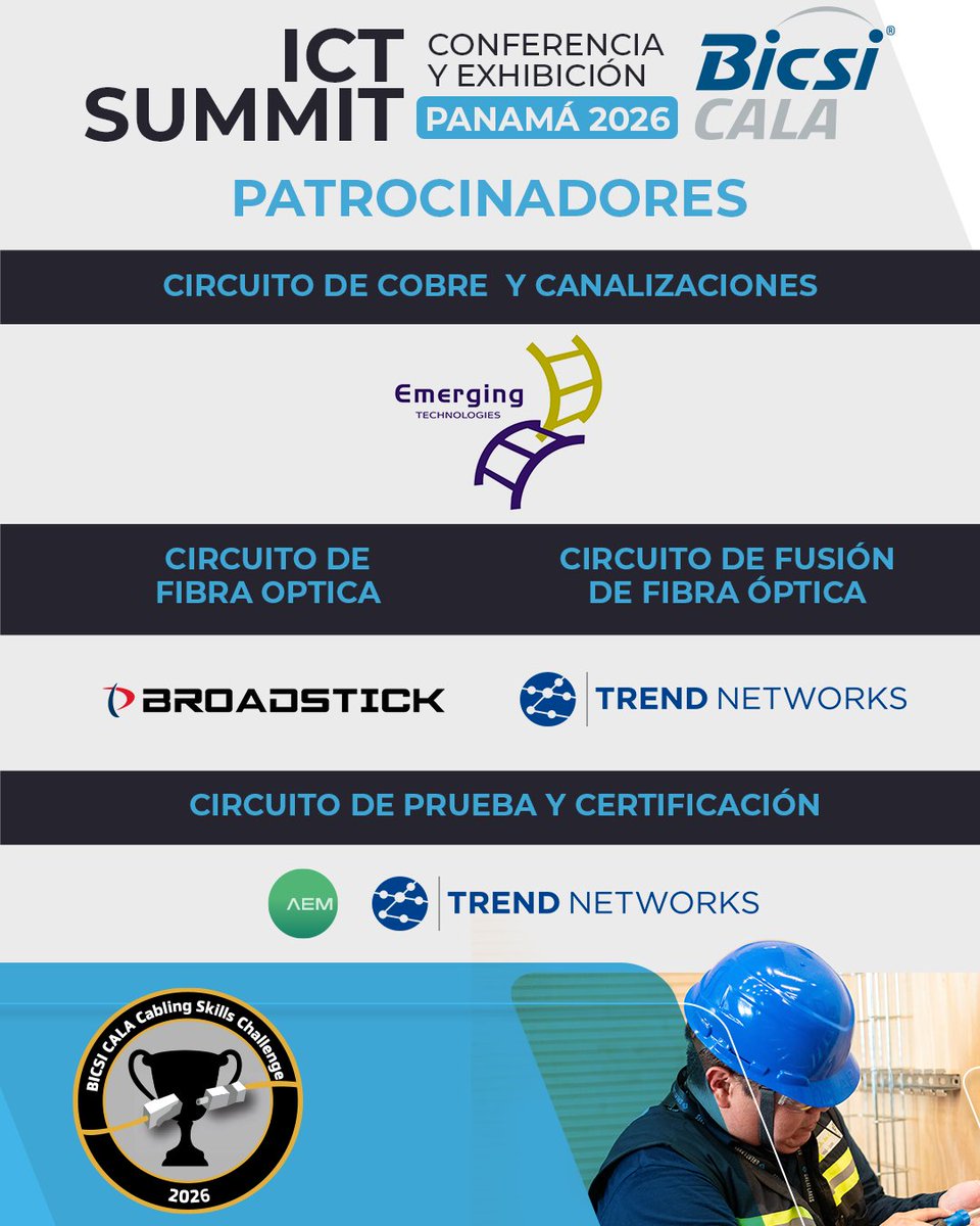 BICSI_CALA's tweet photo. ¡El Cabling Skills Challenge llega al ICT Summit Panamá 2026!

Instaladores en vivo este 📅12 de agosto en el 📍Hotel Riu Plaza Panama.

¡Inscríbete antes del cierre!
https://t.co/l2PPI5trCZ

#BICSICALA #BICSI #ICT #TIC https://t.co/oLXCPnAUk9