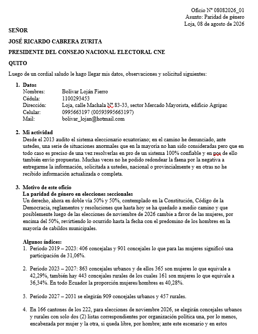 bolivar_lojan's tweet photo. #ElecconesEc2023

La paridad de género donde en las elecciones del 29 de noviembre, en Ecuador, los macho men van a salir chaspados; las mujeres se van a poner fuertes, muy fuertes, en los 222 cantones ecuatorianos tal que obligará a los machos men, entonces, a exigir paridad a gritos.

Yo por el camino de la justicia, equidad y paridad con su verdadera alternancia estoy proponiendo un método de asignación de concejales que a lo largo del tiempo conducirá al límite 50% de paridad; en Loja en el 2023 (para el período 2023 - 2027) se eligieron para concejales: una mujer y 10 hombres; como el Alcalde fue removido y la concejala subió a la alcaldía el cabildo quedó con 11 concejales macho men.

Este post se refiere a una paridad justa como está contemplada en la Constitución y leyes.

Luego subiré un documental relativo a la organización cantonal "Renovación Democrática" Lista 111 que pese a que no está permitido por la ley quiere encabezar dos listas con hombres: Carlos Chalaco y @Lenincuenca cuando la ley solo permite uno

Vea mi primer post con este tema en:https://t.co/UkkYJXs40x