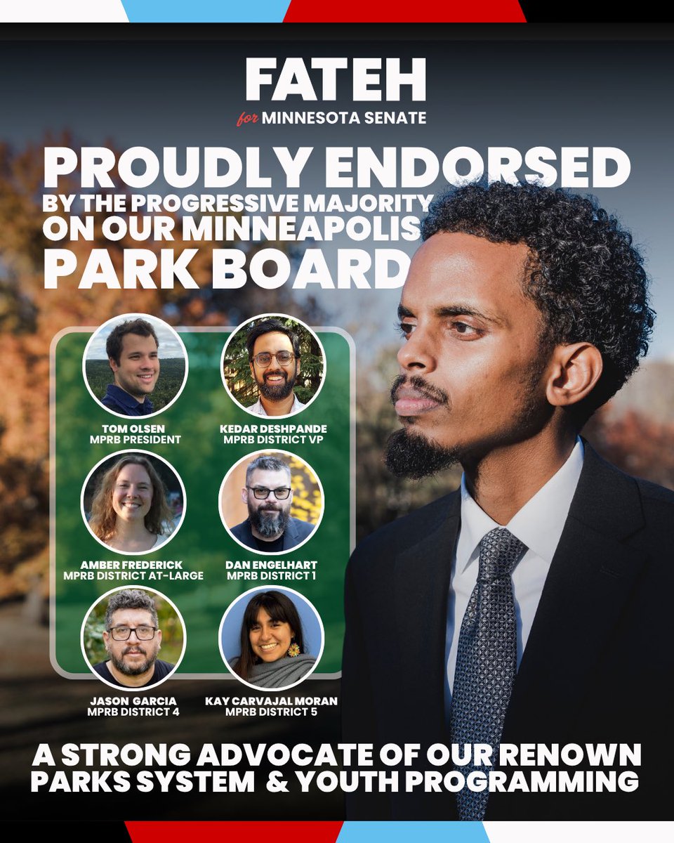 OmarFatehMN's tweet photo. I'm thrilled to be endorsed by the progressive majority on our Minneapolis Park and Recreation Board!

The work Commissioners Olsen, Deshpande, Frederick, Engelhart, Garcia, and Carvajal Moran do to advocate for a more equitable, sustainable; resilient parks system is invaluable. https://t.co/xTuCkcY3vY