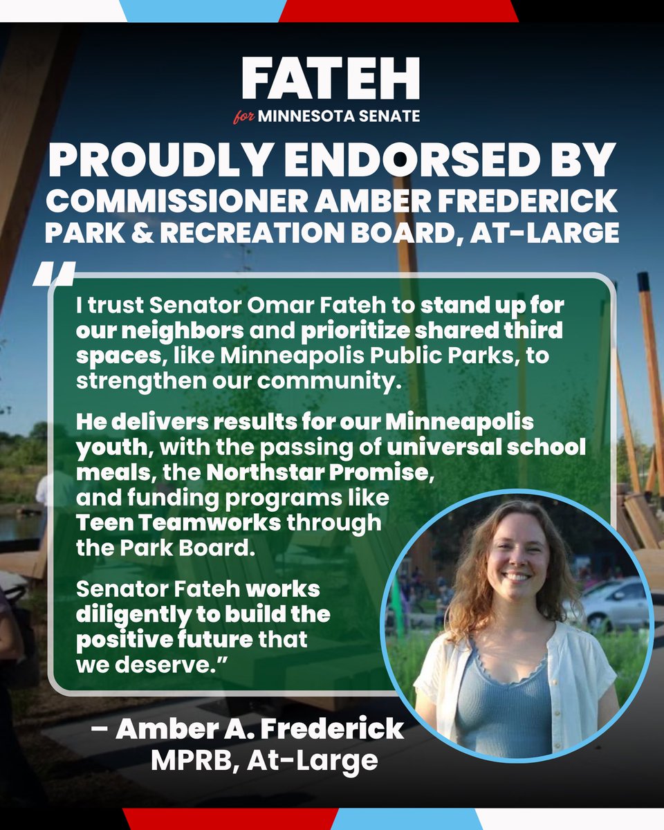 OmarFatehMN's tweet photo. Neighborhood parks are so important for our youth. As a Senator, I spearheaded funding for local programs like “Teen Teamworks” – expanded teen job access through the Park Board.

Minneapolis' parks are renown. Let’s keep improving them for residents &amp; future generations to come. https://t.co/fZboRcftur