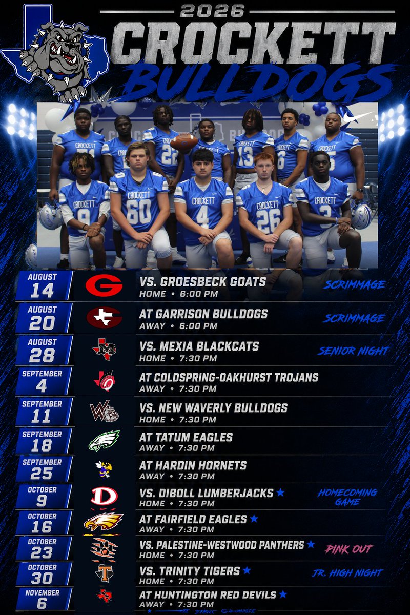 CrockettIsdAth's tweet photo. 2026 Crockett Bulldogs Varsity Football Schedule https://t.co/PlWCfu6PZu
