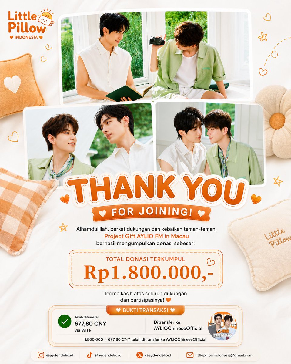 aylioindofc's tweet photo. Hello, Little Pillow Indonesia!

Donasi Gift Rp1.800.000,- = 677,80 CNY telah ditransfer ke @AylioChineseFC 🧡

Terima kasih atas seluruh dukungan dan partisipasinya untuk project ini! 🫶🏻

#aylio https://t.co/SooNvMBbZF