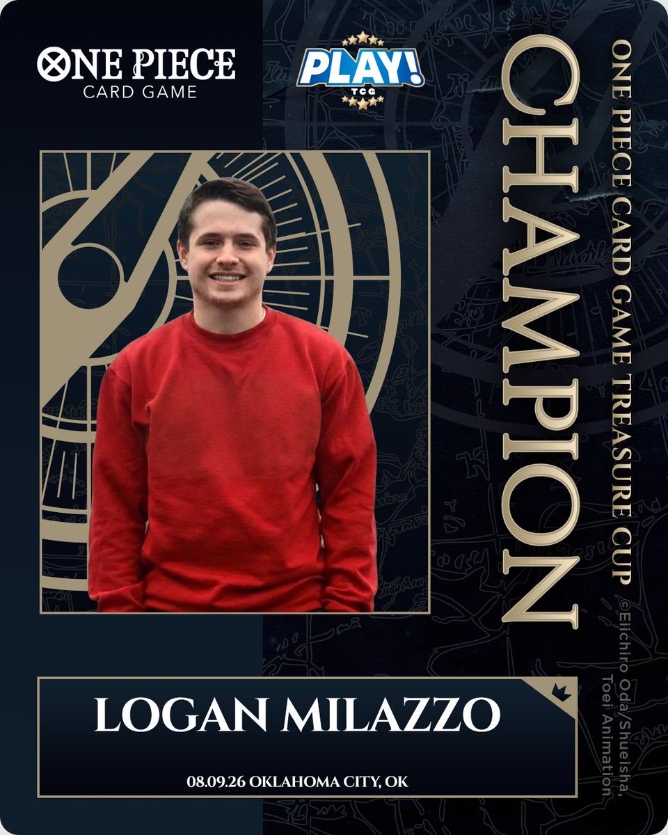 PlayTCGOfficial's tweet photo. 🏆 Two champions have been crowned in Oklahoma City!

Congratulations to Joshua Cao, winner of the ONE PIECE CARD GAME Regional, and Logan Milazzo, winner of the Treasure Cup. Both battled through a stacked weekend to claim the top spot. ⚔️🔥

#ONEPIECECARDGAME https://t.co/AitohJeHx8