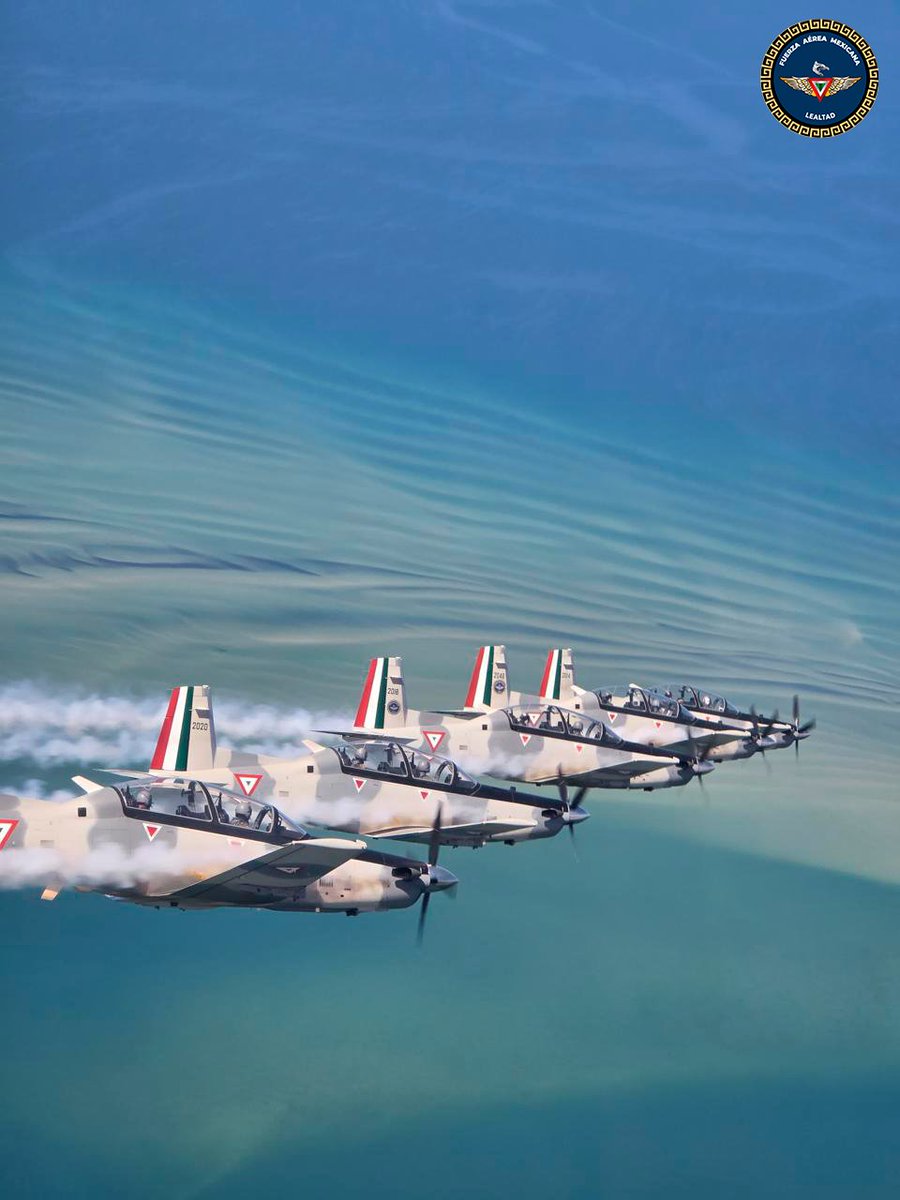 FuerzaAereaMx's tweet photo. #FotoDelDía

Una formación de aeronaves T-6C+ Texan II de la #FuerzaAéreaMx surca los cielos de México dejando estelas de humo blanco.

En la Fuerza Aérea Mexicana nos adiestramos diariamente con el firme compromiso de custodiar la soberanía del espacio aéreo nacional. 

¡Siempre listos para servir a México! 🇲🇽✈️