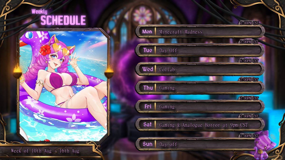 Mel_Necrobee's tweet photo. New schedule is here meows 
All times are in CST https://t.co/tyCOaUnTkU