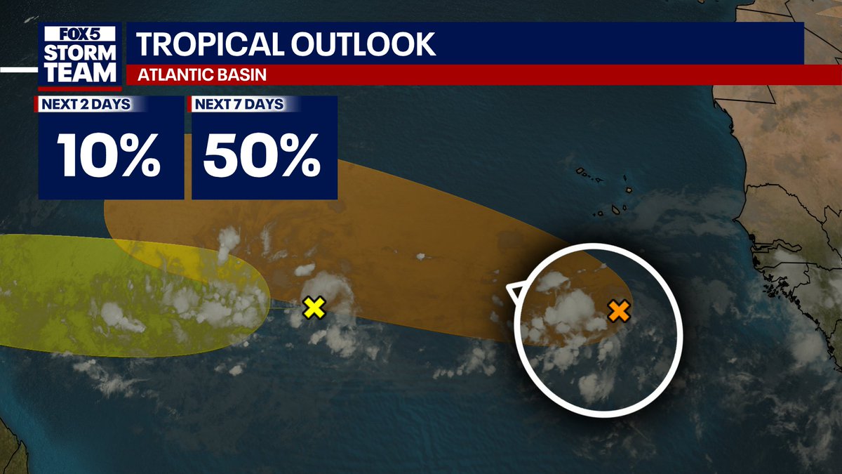 AForbesWx's tweet photo. System 1: This has the best shot of becoming our next named storm. There's a tropical wave near the Cabo Verde Islands. This systems is expected to merge with another tropical wave and move into the central Atlantic, not near any land. https://t.co/zdAI4TlrYq