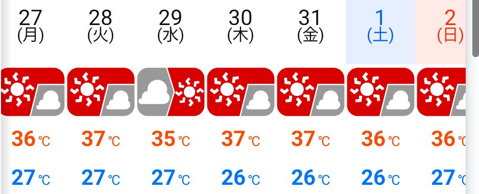 unya326's tweet photo. @powapowahonwaka 去年が６月から暑すぎたから、今年はそれよりはマシかなと。
でも７月後半は異常だったよ。
今週と先々週の天気予報がコレ。 https://t.co/2sBkibH0CW