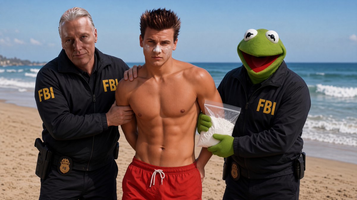TerrySilver_'s tweet photo. Today me and @KermitDaKrakhed started our first day working with the FBI.
We executed a warrant for this gay criminal working as a lifeguard at Baywatch. We found him with face buried in cocaine and charged him with a bevy of crimes. The interrogation begins soon. @MulderFoxyX https://t.co/o47X5E6YFz