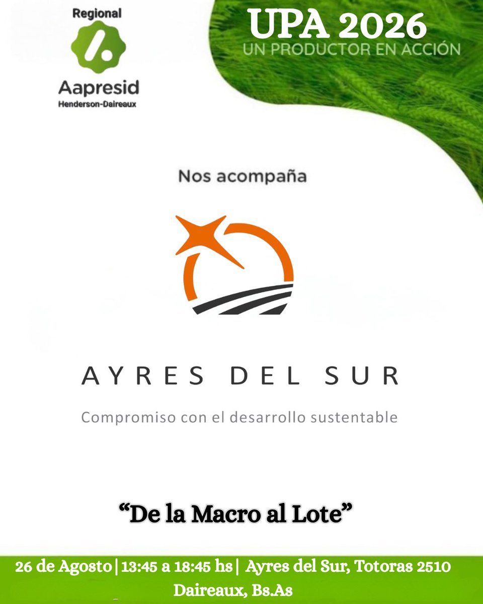 RegionalHD's tweet photo. Momento de presentar a los sponsors! Parte 1
#Lartirigoyen #AyresDelSur #Timac #Auge #Runco
*“De la Macro al Lote”*
📆 26 / 08 - 🕣 13:45
📍Ayres del Sur, Daireaux
https://t.co/rAi1SSeall
✍️Inscripcion: https://t.co/ckvwXjpQSD
Los esperamos ‼️ https://t.co/qxZHpYolfu